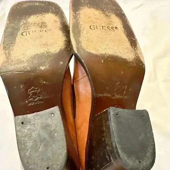 Guess Brown Leather Square Toe Slip On Block Heel Mule Booties Shoes Women’s 5.5 - Picture 4 of 7